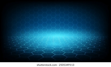 Fondo de Vector hexagonal de tecnología gris oscuro y azul. Abstractas energía azul brillante parpadea bajo un hexágono en una cuadrícula de textura de panal de Vector moderno futurista de alta tecnología oscuro.	