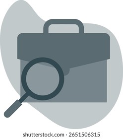 Ícone cinza escuro da pasta com uma sobreposição de lupa, simbolizando a pesquisa de emprego, a exploração profissional ou a investigação de negócios.