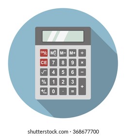 Dark gray calculator in a blue circle with a long shadow.