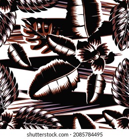 dark gray chocolate abstract seamless pattern with tropical leaves and plants on wave background. Vector design. Jungle print. Floral background. Printing and textiles. Exotic tropics. Summer design