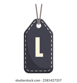 Dark gray clothing size tag with a string, displaying letter l, isolated on white background