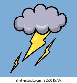 Nube gris oscura con relámpago y tormenta, viene la lluvia, ilustración vectorial de dibujos animados sobre fondo azul