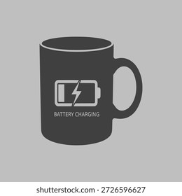 Uma caneca de café cinza escuro com um ícone de bateria e o texto 'CARREGANDO A BATERIA' em um fundo cinza.