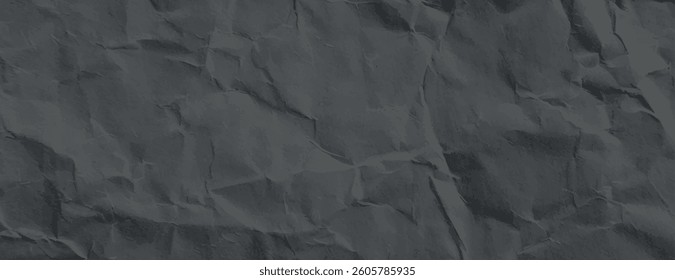 Dark gray crumpled paper background, textured and wrinkled. The background is gray, adding a rustic and vintage feel. Paper texture background vector. Gray background.