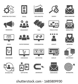 Dark gray digital marketing icon set:  Includes icons for the entire customer journey,  digital marketing technologies (martech) and tactics and touchpoints used in the customer funnel.
