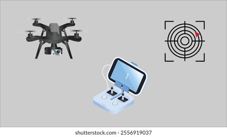 Dark gray drone, digital camera, remote, sensors and location on white background. Vector illustration.