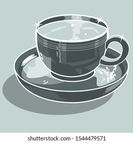 Dark gray empty porcelain cup and saucer, vector monochrome vintage illustration 