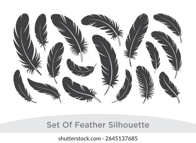 Dark Gray Feather Silhouettes Collection White Background Bird Feathers Set Design Elements