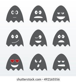 Dark gray flat cartoon ghosts icons with different emotions.