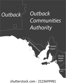 Dark gray flat vector administrative map of regions of the Australian state of SOUTH AUSTRALIA with white border lines and name tags of its regions