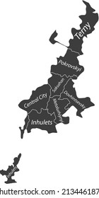 Dark gray flat vector administrative map of KRYVYI RIH, UKRAINE with name tags and white border lines of its districts