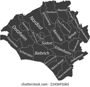 Dark gray flat vector administrative map of WIESBADEN, GERMANY with name tags and white border lines of its districts
