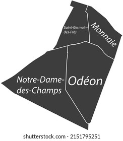 Mapa administrativo de vector plano gris oscuro del 6º ARONDISSEMENT (DU LUXEMBOURG), PARIS, FRANCIA con etiquetas de nombre y líneas de borde blanco de sus cuarteles