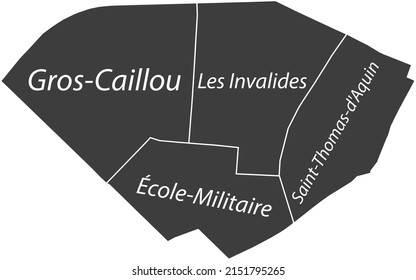 Mapa administrativo de vector plano gris oscuro del 7° ARONDISSEMENT (DU PALAIS-BOURBON), PARIS, FRANCIA con etiquetas de nombre y líneas de borde blanco de sus cuarteles