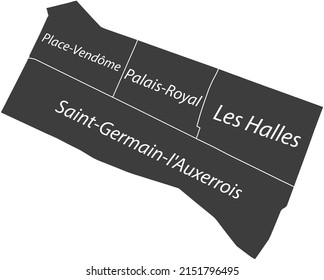 Mapa administrativo de vector plano gris oscuro del 1er ARONDISSEMENT (DU LOUVRE), PARIS, FRANCIA con etiquetas de nombre y líneas de borde blanco de sus cuarteles