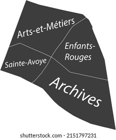 Mapa administrativo de vector plano gris oscuro del 3er ARONDISSEMENT (DU TEMPLE), PARIS, FRANCIA con etiquetas de nombre y líneas de borde blanco de sus cuarteles