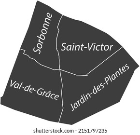 Mapa administrativo de vector plano gris oscuro del 5º ARONDISSEMENT (DU PANTHÉON), PARIS, FRANCIA con etiquetas de nombre y líneas de borde blanco de sus cuarteles