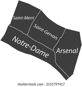 Dark gray flat vector administrative map of the 4TH ARONDISSEMENT (DE L'HÔTEL-DE-VILLE), PARIS, FRANCE with name tags and white border lines of its quarters