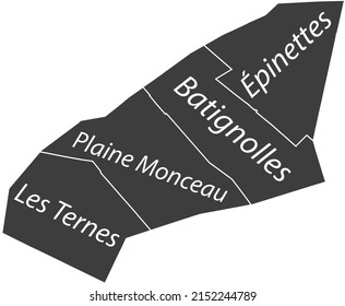 Dunkelgraue flache Vektor-Verwaltungskarte des 17. ARONDISSEMENT (DES BATIGNOLLES-MONCEAU), PARIS, FRANKREICH mit Namensmarken und weißen Grenzlinien seiner Viertel