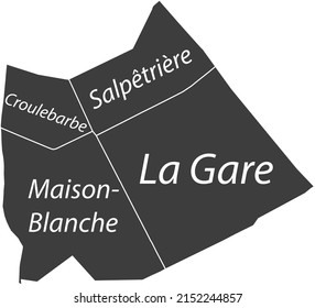 Dunkelgraue flache Vektor-Verwaltungskarte des 13. ARONDISSEMENT (DES GOBELINS), PARIS, FRANKREICH mit Namensmarken und weißen Grenzlinien seiner Viertel