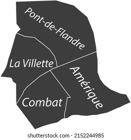 Dunkelgraue flache Vektor-Verwaltungskarte des 19. ARONDISSEMENT (DES BUTTES-CHAUMONT), PARIS, FRANKREICH mit Namensmarken und weißen Grenzlinien seiner Viertel