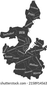 Dark gray flat vector administrative map of KIEL, GERMANY with name tags and white border lines of its districts