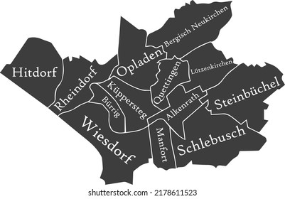 Dark gray flat vector administrative map of LEVERKUSEN, GERMANY with name tags and white border lines of its districts
