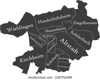 Dark gray flat vector administrative map of HEIDELBERG, GERMANY with name tags and white border lines of its districts