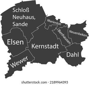 Dark gray flat vector administrative map of PADERBORN, GERMANY with name tags and white border lines of its districts