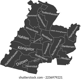 Dark gray flat vector administrative map of MINDEN, GERMANY with name tags and white border lines of its quarters