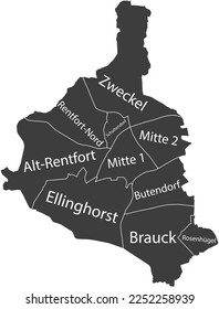 Dark gray flat vector administrative map of GLADBECK, GERMANY with name tags and white border lines of its districts