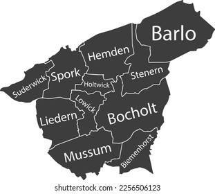 Dark gray flat vector administrative map of BOCHOLT, GERMANY with name tags and white border lines of its districts