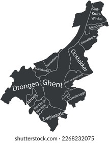 Dark gray flat vector administrative map of GHENT, BELGIUM with name tags and black border lines of its municipalities