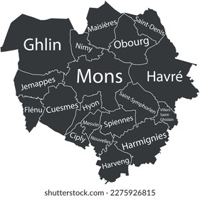 Dark gray flat vector administrative map of MONS, BELGIUM with name tags and black border lines of its districts