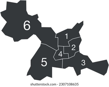 Dark gray flat vector administrative map of RENNES, FRANCE with name tags and black border lines of its cantons