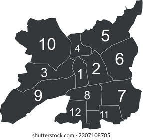 Dark gray flat vector administrative map of RENNES, FRANCE with name tags and black border lines of its quarters