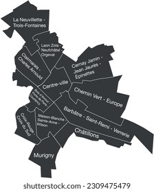 Dark gray flat vector administrative map of REIMS, FRANCE with name tags and black border lines of its quarters