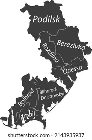 Dark gray flat vector map of raion areas of the Ukrainian administrative area of ODESSA OBLAST, UKRAINE with white border lines and name tags of its raions