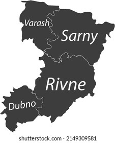 Dark Gray Flat Vector Map Of Raion Areas Of The Ukrainian Administrative Area Of RIVNE OBLAST, UKRAINE With White Border Lines And Name Tags Of Its Raions