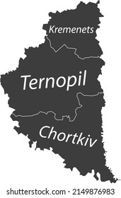 Dark gray flat vector map of raion areas of the Ukrainian administrative area of TERNOPIL OBLAST, UKRAINE with white border lines and name tags of its raions