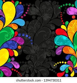 Dark gray floral frame with multi-colored paisley. Place for text. Vector image. Eps 10