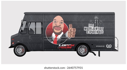 A dark gray food truck design featuring a cartoon businessman giving a thumbs up, microphones, and the text 'The Worldwide Cipher DC'.