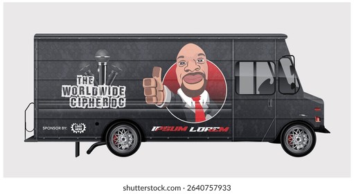 A dark gray food truck design featuring a cartoon man giving a thumbs up, microphones, and the text 'The Worldwide Cipher'.