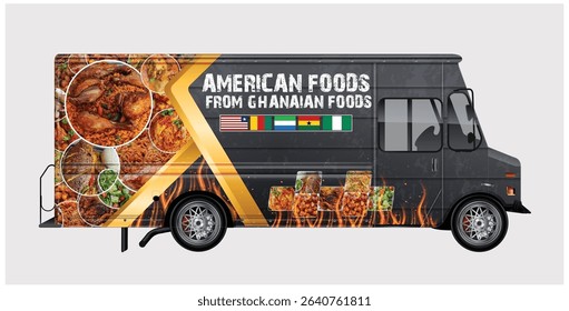 A dark gray food truck design showcasing delicious Ghanaian-inspired American food