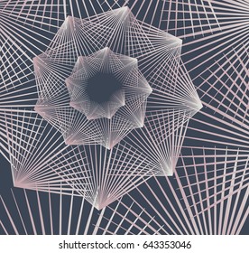 Dark gray geometric background with gradient pink-white lines connected to each other, that are forming curve. Vector illustration. Element for design fabric, cards, invitation posters.