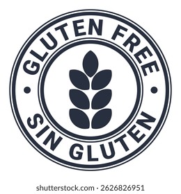 Dark Gray Gluten Free isolated round stamp, sticker, sign. English and Spanish Language. Vector illustration
