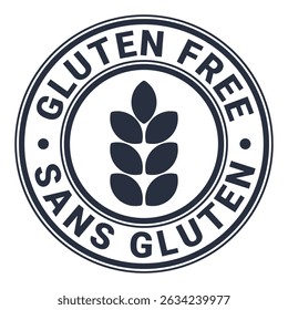 Dark Gray Gluten Free isolated round stamp, sticker, sign. English and French Language. Vector illustration