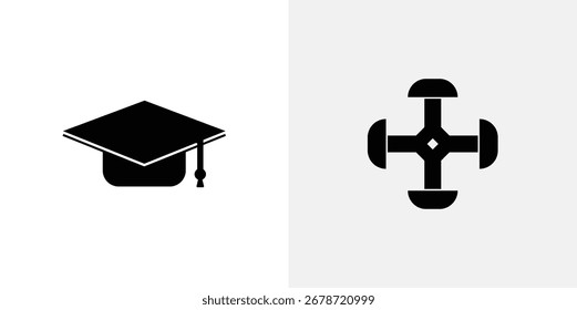 Links befindet sich ein dunkelgraues Graduierungskappensymbol und rechts ein dunkelgraues abstraktes geometrisches Symbol auf weißem und hellgrauem Hintergrund.