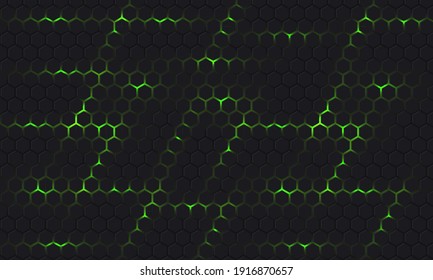 Dark gray and green technology hexagonal vector background. Abstract green bright energy flashes under hexagon in dark hi-tech futuristic modern vector background. Gray honeycomb texture grid.