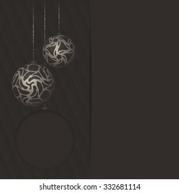 Dark gray greeting card with round text frame and different vintage silver design balls on bright ribbon. Vector Christmas card